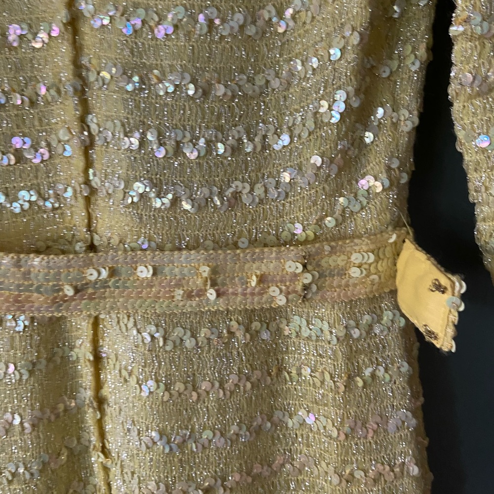 SOLD Vintage 1960s Yellow Sequin Knit Dress with Belt and Scarf - Picture 7 of 11